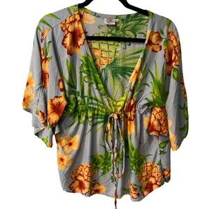 Makai Beach Hawaiian Shirt Womens Sz S Floral Cinch Poncho Top Tropical Blouse